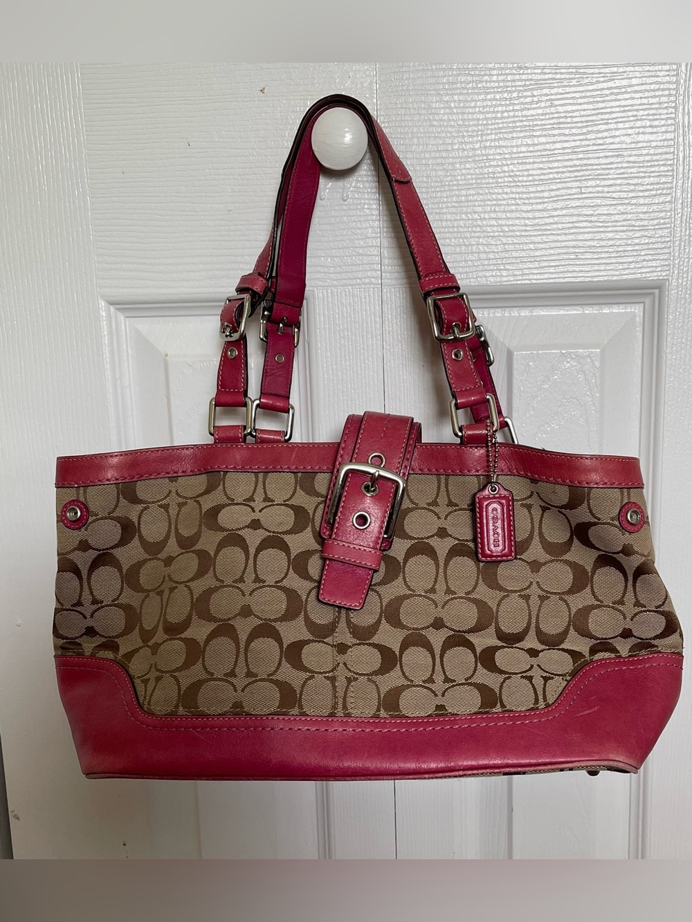 Coach Brown Signature Canvas Shoulder Tote with Pink Leather Trim